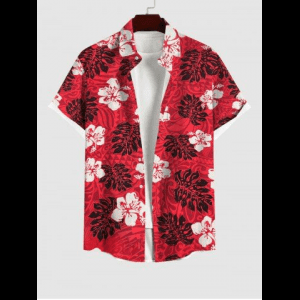 Rosegal, Plus Size Flowers Palm Tree Leaf Print Buttons Pocket Hawaii Shirt For Men
