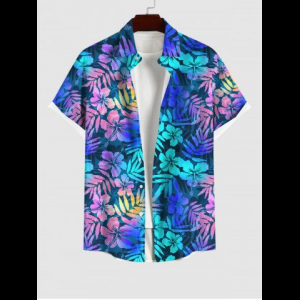 Rosegal, Plus Size Colorful Ombre Coconut Leaves Floral Print Hawaii Button Pocket Shirt For Men