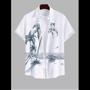 Rosegal, Plus Size Coconut Tree Sea Boat Bird Print Buttons Pocket Hawaii Shirt For Men