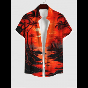 Rosegal, Plus Size Coconut Tree Dusk Sun Mountain Print Hawaii Button Pocket Shirt For Men