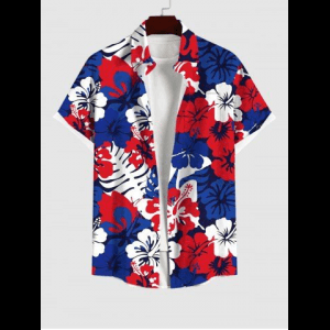 Rosegal, Plus Size Hibiscus Flower Palm Tree Leaf Print Buttons Pocket Hawaii Shirt For Men
