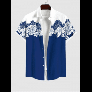 Rosegal, Plus Size Hibiscus Flower Palm Leaf Colorblock Print Buttons Pocket Hawaii Shirt For Men
