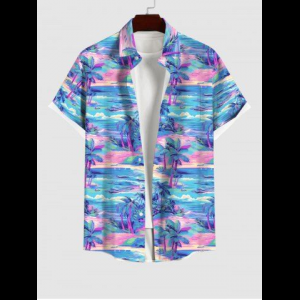 Rosegal, Plus Size Coconut Tree Colorful Sea Waves Print Buttons Pocket Hawaii Shirt For Men