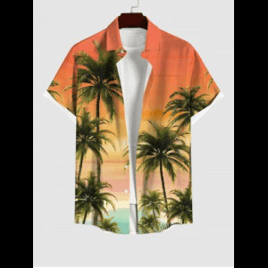 Rosegal, Plus Size Coconut Tree Sea Ombre Sky Print Buttons Pocket Hawaii Shirt For Men