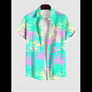 Rosegal, Plus Size Colorful Coconut Tree Ombre Colorblock Print Buttons Pocket Hawaii Shirt For Men