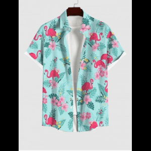 Rosegal, Plus Size Flamingo Coconut Tree Leaf Floral Print Hawaii Button Pocket Shirt For Men