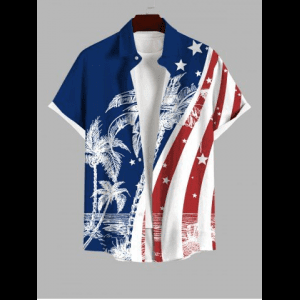 Rosegal, Plus Size Patriotic American Flag Coconut Tree Print Buttons Pocket Shirt For Men