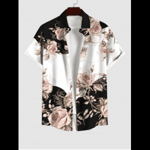 Rosegal, Plus Size Rose Flower Colorblock Print Shirt For Men
