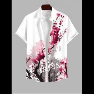 Rosegal, Plus Size Oriental Ink Plum Bossom Flower Print Buttons Pocket Shirt For Men