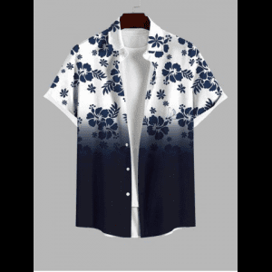 Rosegal, Plus Size Hibiscus Flowers Leaf Ombre Colorblock Print Buttons Pocket Hawaii Shirt For Men