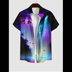 Rosegal, Plus Size Colorful Glitter Ombre Fall Mountain Tree Butterfly Moon Galaxy Print Hawaii Button Pocket Shirt For Men