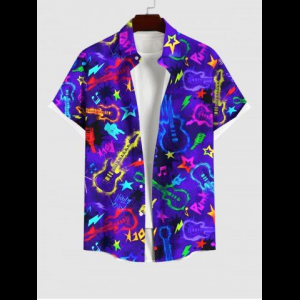 Rosegal, Plus Size Glitter Guitar Star Letters Print Hawaii Button Pocket Shirt For Men