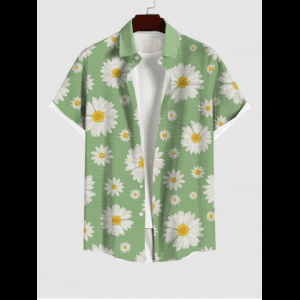 Rosegal, Hawaii Plus Size Daisy Flower Print Buttons Pocket Shirt For Men