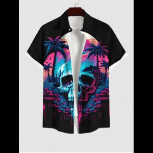 Rosegal, Plus Size Skull Cave Coconut Tree Mountain Print Hawaii Button Pocket Shirt For Men