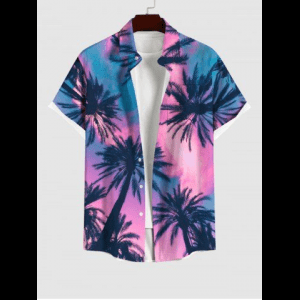 Rosegal, Plus Size Hawaii Sky Aurora Colorblock Coconut Tree Print Pocket Buttons Shirt For Men