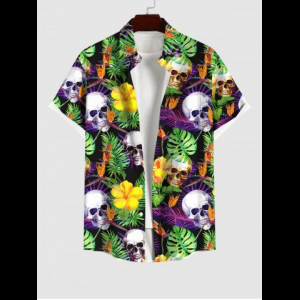 Rosegal, Plus Size Skulls Flower Palm Leaf Print Buttons Pocket Hawaii Shirt For Men