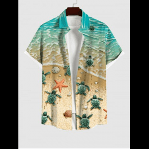 Rosegal, Hawaii Plus Size Sea Creatures Beach Starfish Turtle Shell Print Buttons Pocket Shirt For Men
