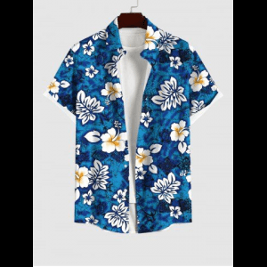 Rosegal, Plus Size Tropical Leaf Hibiscus Flowers Tie Dye Print Buttons Pocket Hawaii Shirt For Men