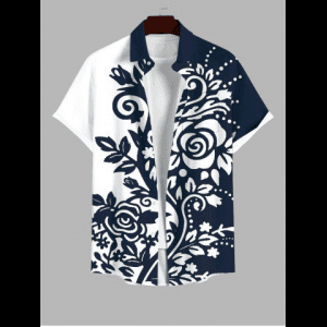 Rosegal, Plus Size Two Tone Curve Flowers Leaf Print Buttons Pocket Hawaii Shirt For Men