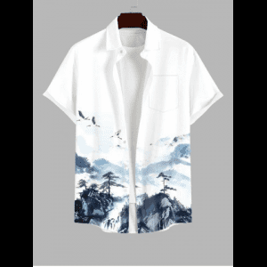 Rosegal, Men's Ink Painting Mountain Crane Pine Tree Print Buttons Pocket Shirt