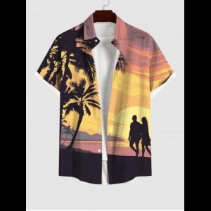 Rosegal, Plus Size Coconut Tree Sunset Mountain Couples Print Buttons Pocket Hawaii Shirt For Men
