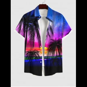 Rosegal, Plus Size Coconut Tree Sunset Galaxy Ombre Print Buttons Pocket Hawaii Shirt For Men