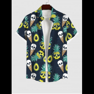 Rosegal, Plus Size Skull Pineapple Heart Ice Cream Print Hawaii Button Pocket Shirt For Men