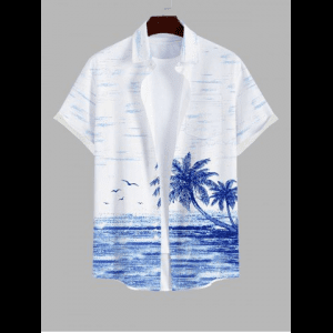 Rosegal, Plus Size Tropical Sea Coconut Tree Seagull Cloud Print Buttons Pocket Hawaii Shirt For Men