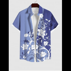 Rosegal, Plus Size Flowers Leaf Curve Colorblock Print Buttons Pocket Hawaii Shirt For Men