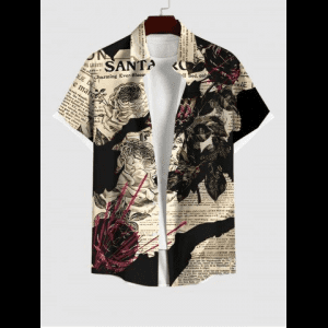 Rosegal, Plus Size Rose Flower Leaves Newspaper Print Buttons Pocket Shirt For Men