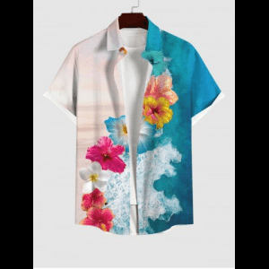 Rosegal, Plus Size Flower Sea Beach Print Hawaii Button Pocket Shirt For Men