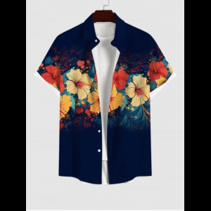 Rosegal, Plus Size Tropical Hibiscus Flowers Print Buttons Pocket Hawaii Shirt For Men