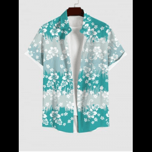 Rosegal, Plus Size Floral Grass Striped Print Hawaii Button Pocket Shirt For Men