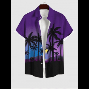 Rosegal, Plus Size Coconut Tree Moon Ombre Sky Print Buttons Pocket Hawaii Shirt For Men