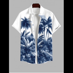Rosegal, Plus Size Tropical Leaf Coconut Tree Watercolor Painting Print Buttons Pocket Hawaii Shirt For Men