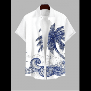 Rosegal, Plus Size Coconut Tree Sea Waves Print Buttons Pocket Hawaii Shirt For Men