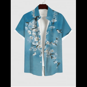 Rosegal, Plus Size Flowers Branch Swallow Print Buttons Pocket Shirt For Men