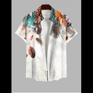Rosegal, Plus Size Colorful Feather Ombre Tropical Leaves Print Hawaii Button Pocket Shirt For Men