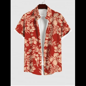Rosegal, Plus Size Tropical Leaf Flowers Print Buttons Pocket Hawaii Shirt For Men