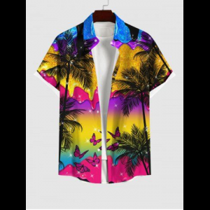 Rosegal, Hawaii Plus Size Coconut Tree Butterfly Paint Drop Glitter Sparkling Ombre Galaxy Aurora Print Button Pocket Shirt For Men
