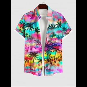 Rosegal, Hawaii Plus Size Turn-down Collar Colorful Ombre Galaxy Coconut Tree Print Button Pocket Shirt For Men