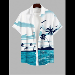 Rosegal, Plus Size Seascape Coconut Tree Seagull Cloud Print Buttons Pocket Hawaii Shirt For Men
