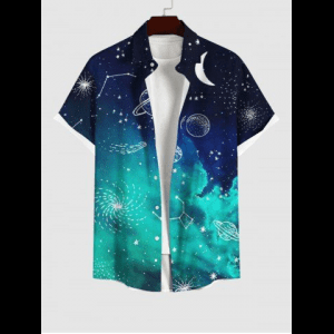 Rosegal, Plus Size Planet Moon Ombre Galaxy Print Hawaii Button Pocket Shirt For Men