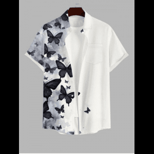 Rosegal, Plus Size Ombre Ink Painting Butterfly Print Button Pocket Shirt For Men