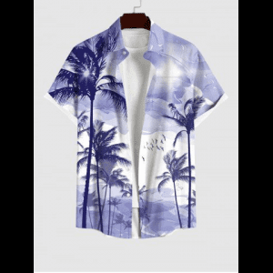 Rosegal, Plus Size Coconut Tree Bird Cloud Ombre Colorblock Print Buttons Pocket Hawaii Shirt For Men