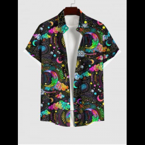 Rosegal, Plus Size Colorful Ombre Moon Star Cloud Galaxy Halo Print Button Pocket Shirt For Men