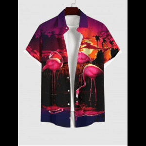 Rosegal, Plus Size Flamingo Water Reflection Sun Cloud Print Buttons Pocket Hawaii Shirt For Men