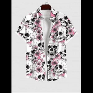 Rosegal, Plus Size Skulls Flowers Print Buttons Pocket Hawaii Shirt For Men