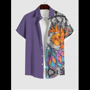 Rosegal, Plus Size Colorful Ombre Colorblock Sun Moon Print Button Pocket Shirt For Men