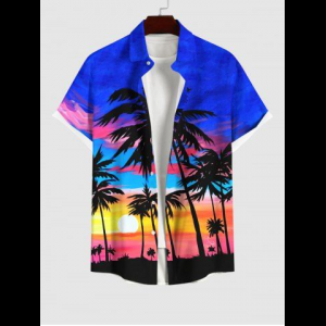Rosegal, Plus Size Coconut Tree Sunset Ombre Sky Colorblock Print Buttons Pocket Hawaii Shirt For Men